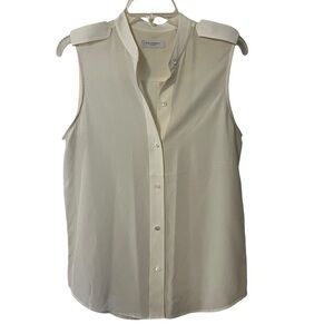 Equipment Femme Mandarin Collar Button Front Top Blouse White Small Sleeveless